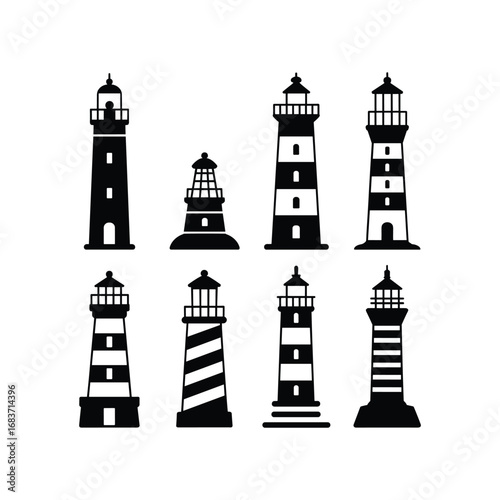 Collection of eight distinct lighthouse silhouettes featuring traditional maritime architectural styles