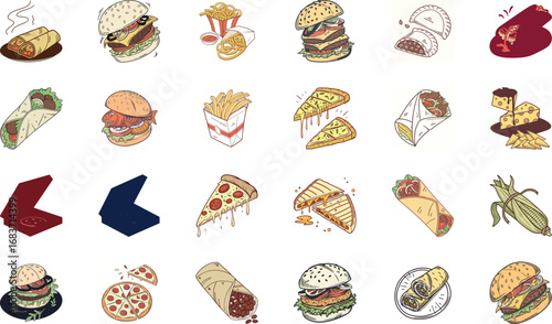 Hand drawn colorful fast food illustration bundle with burgers, cheeseburgers, pizza slices, tacos, burritos, shawarma wraps, sandwiches, french fries, nachos, garlic bread and snacks – cartoon junk f