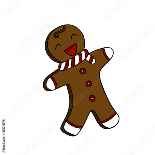 Cute gingerbread man in festive Christmas outfit with holiday decorations. Sweet winter illustration greeting cards, children’s designs, seasonal posters, postcards