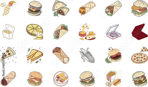 Hand drawn colorful fast food illustration bundle with burgers, cheeseburgers, pizza slices, tacos, burritos, shawarma wraps, sandwiches, french fries, nachos, garlic bread and snacks – cartoon junk f