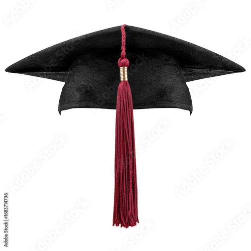 Black graduation cap with maroon tassel