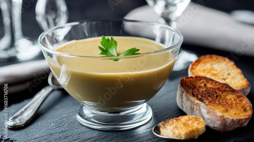Premium veloute sauce in elegant glass bowl garnished with fresh parsley, served with artisanal toasted bread on dark slate surface, fine dining presentation
