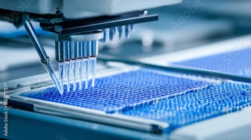 Close-up of automated pipetting machine with clear plastic needles over a blue-tinted 96-well plate,