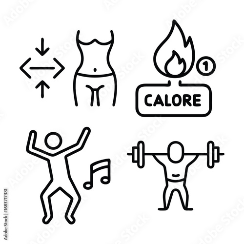 Four simple line art icons depict body shape changes, calorie burning, dancing, and weightlifting, symbolizing fitness and health.