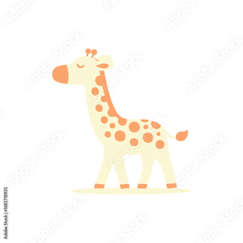 A cheerful cartoon giraffe walking gracefully across a light background, evoking joy and playfulness
