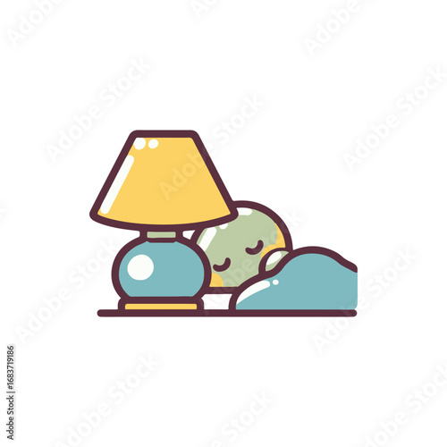 A cozy night scene featuring a colorful lamp, a sleeping creature, and a soft pillow