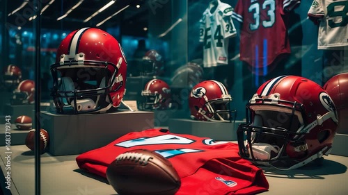 Red football helmets jerseys and ball displayed in sports museum exhibit with team uniforms and memorabilia under dramatic stadium style lighting