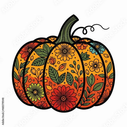 Whimsical Floral Pumpkin Autumn Harvest Seasonal Decoration Art