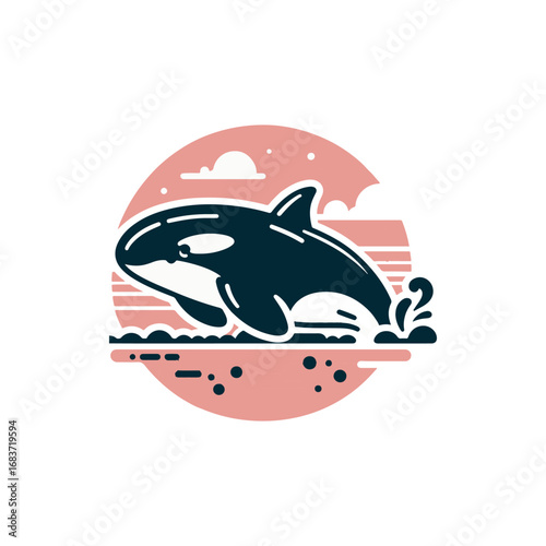 A playful orca breaching the water under a pastel sunset, with clouds and gentle waves in the background