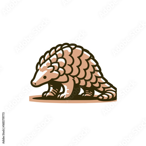 A stylized illustration of a pangolin in a natural pose, showcasing its unique scales and habitat