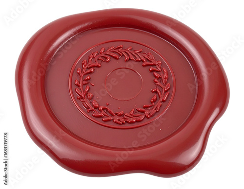 A red wax seal with a detailed stamp, a classic object for formal documents, isolated on a white background.