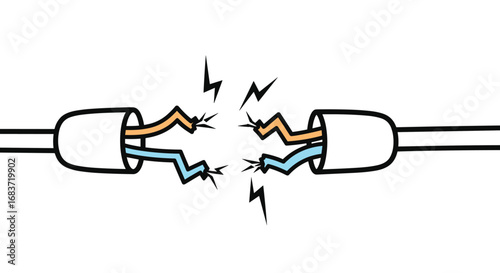 Two bare electrical wires sparking as they are about to connect creating a short circuit and potential hazard