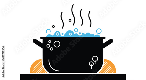 A pot of boiling water on a stove simmering gently with bubbles and steam rising upwards