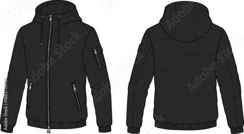 Modern padded winter jacket CAD illustration, flat vector technical sketch with zipper pockets, hoodie, ribbed cuffs, front and back view