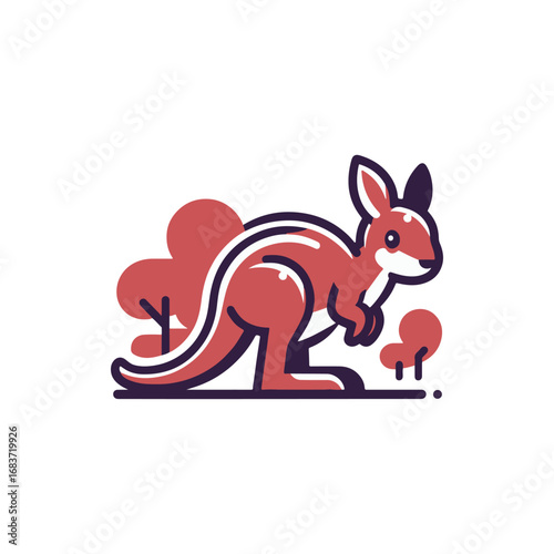 A vibrant cartoon kangaroo standing in a stylized landscape with colorful trees