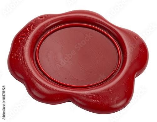 A red wax seal with a detailed stamp, a classic object for formal documents, isolated on a white background.