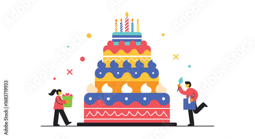 Celebration cake with candles and confetti with two people holding presents