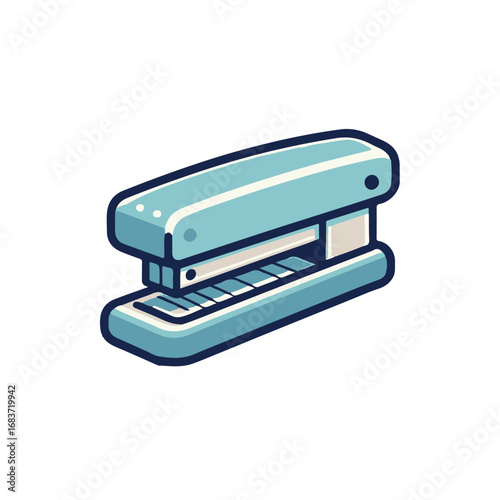 A vibrant blue stapler resting on a clean desk, surrounded by scattered papers and office supplies