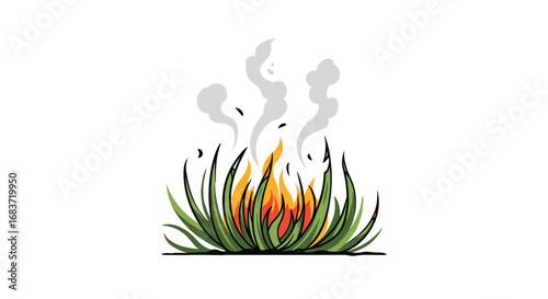 Vibrant green grass catching fire with wisps of smoke rising upwards