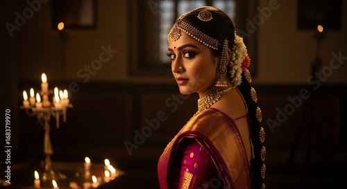 Stunning South Indian bride adorned in traditional saree and jewelry. Ideal for wedding invitations, cultural events, bridal fashion, and festive occasions like Diwali.