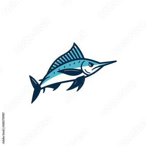 A vibrant illustration of a marlin swimming gracefully in clear ocean waters, showcasing its streamlined body and fins