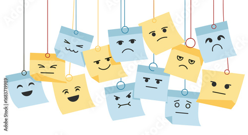 A collection of sticky notes displaying various emotions and feelings