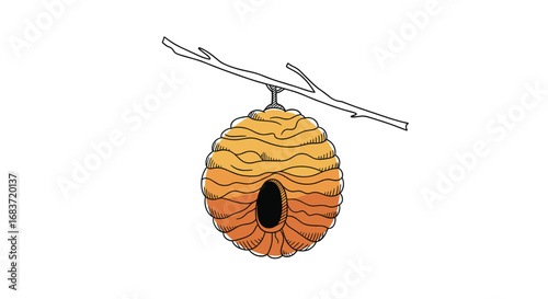 Orchard swarm hive hanging from a tree branch detailed illustration in autumn colors