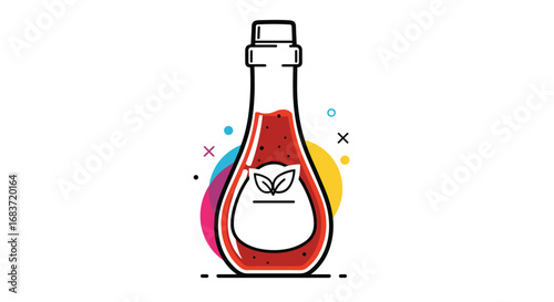 Illustration of a glass bottle filled with red liquid and a label with green leaves a symbol of natural ingredients