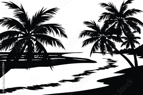 Silhouette of a tropical beach scene with palm trees and waves