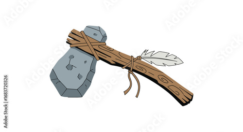 Primitive stone axe with feather attached to wooden handle for survival