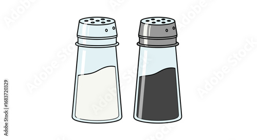 Two glass shakers one filled with white crystals and the other with black granules