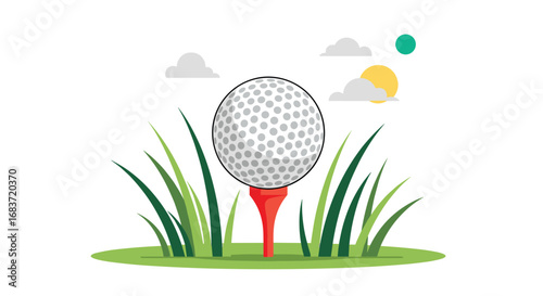 Golf ball placed on red tee surrounded by green grass with sunny sky clouds