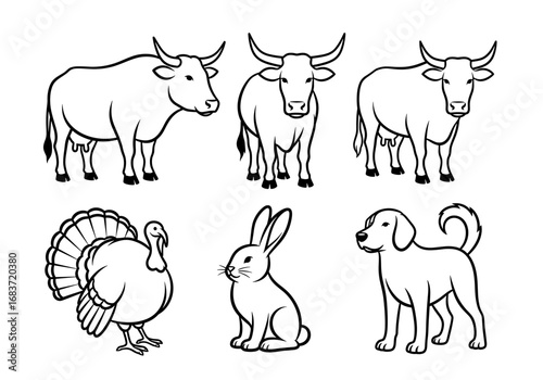 Illustrations of three cows, a turkey, a rabbit, and a dog in a row on a white canvas view