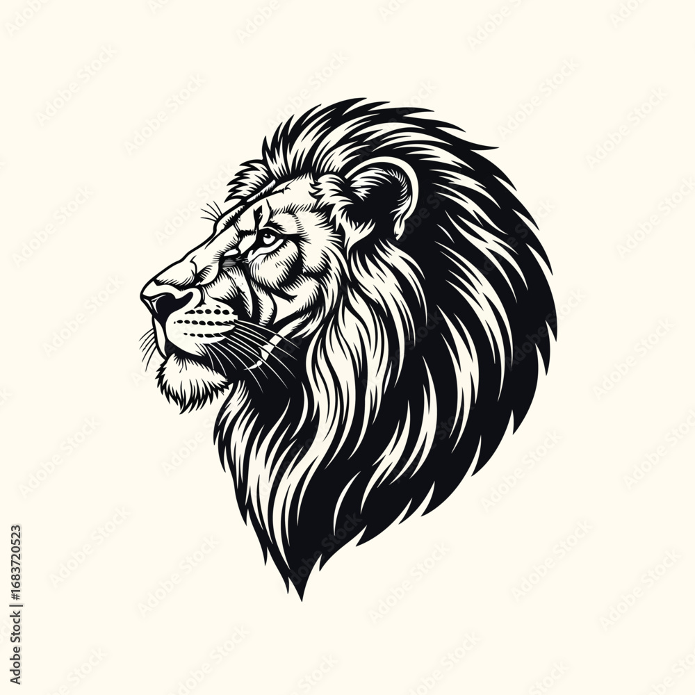 custom made wallpaper toronto digitalMajestic Lion Head Illustration in Profile View, a Symbol of Strength and Royalty, Captured in a Detailed and Stylized Black and White Artistic Representation