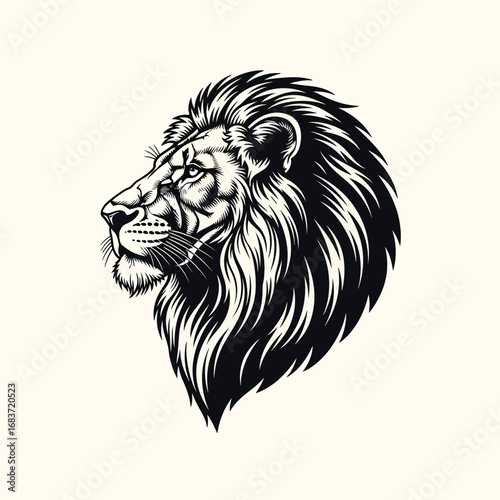 Majestic Lion Head Illustration in Profile View, a Symbol of Strength and Royalty, Captured in a Detailed and Stylized Black and White Artistic Representation
