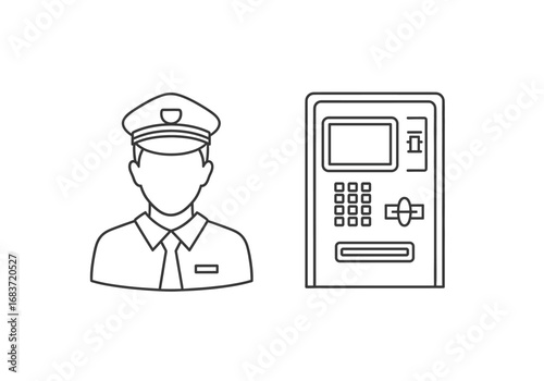 Illustration of a guard with cap and tie next to an atm machine line drawing on a white backdrop