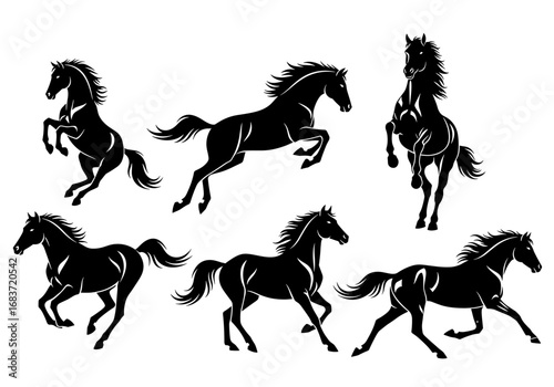 Collection of six equine figures in various poses against a plain presentation plane illustration