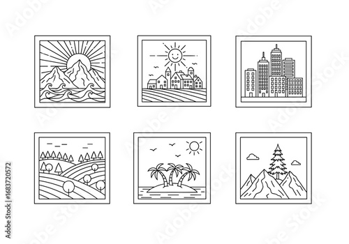 Six framed line drawings depicting landscapes, cityscape, and island scenes in a grid arrangement