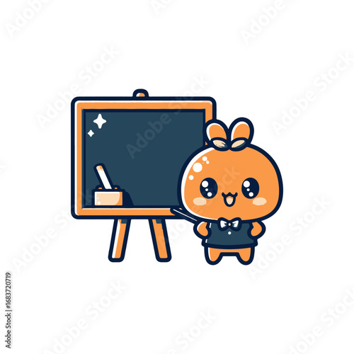 Cartoon character with a bowtie presenting a blank chalkboard in a cheerful classroom setting