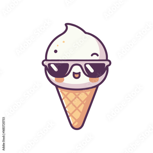 Cartoon ice cream cone character wearing sunglasses, smiling cheerfully in a bright background