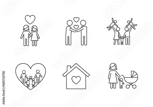 Six line art icons depicting family relationships and love in various arrangements and stages