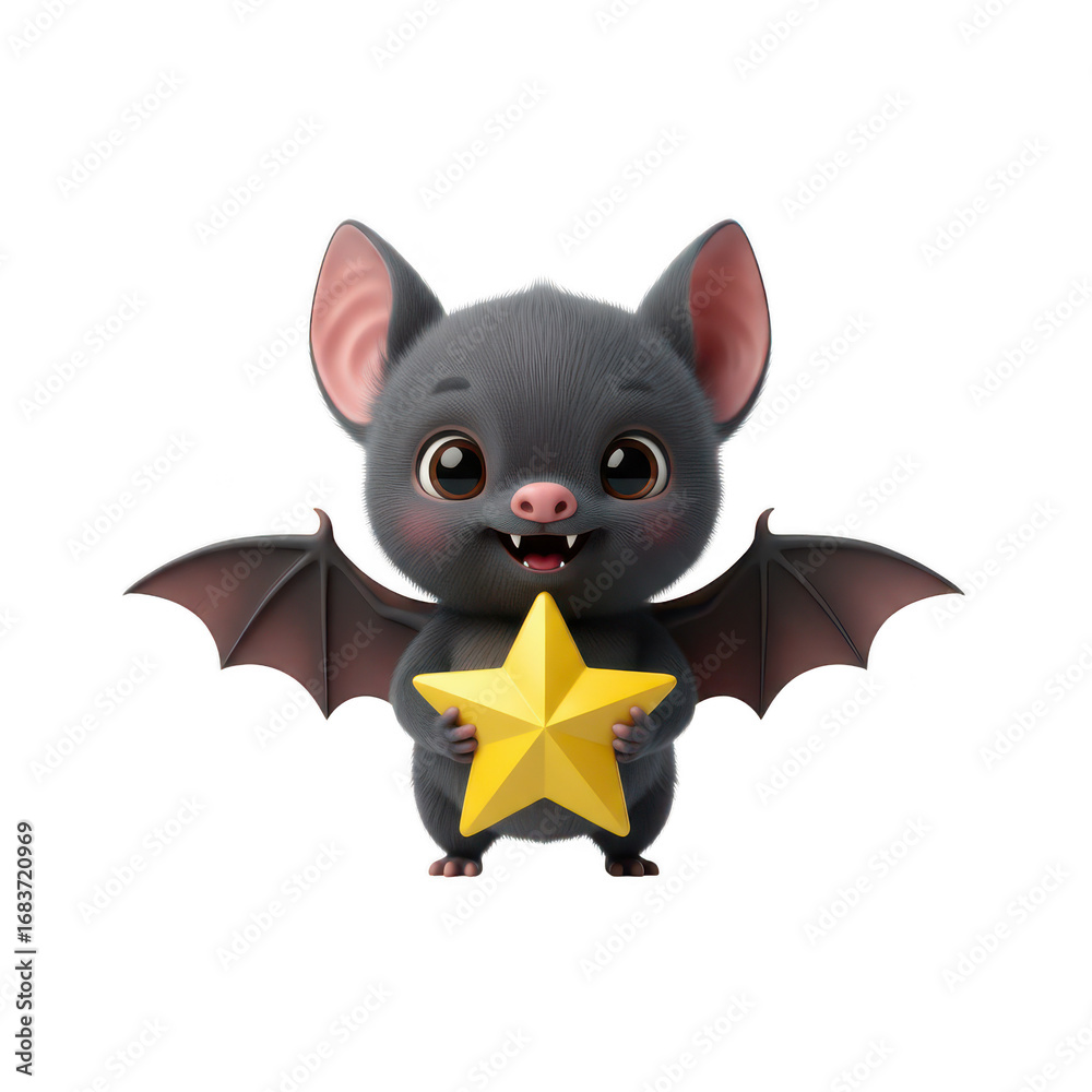 Obraz premium Cute Bat Holding a Star, 3D Render