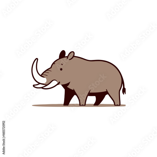 Cartoon illustration of a walking mammoth in a simple landscape setting