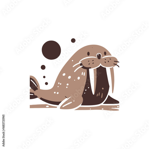 Cartoon walrus lounging on a beach with abstract shapes in the background, evoking a playful vibe