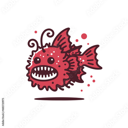 Cartoonish deep-sea anglerfish with exaggerated features swimming in a vibrant underwater scene