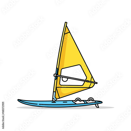 Illustrated windsurf board with a yellow sail and a blue board isolated on a white plane view