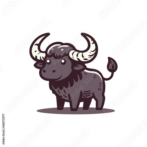 Cartoon-style illustration of a cute buffalo character with exaggerated features and a playful stance