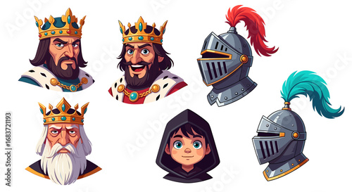Cartoon illustrations of kings, knight helmets, and a child wearing a hooded cloak illustration