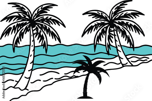 Silhouette of a tropical beach scene with palm trees and waves