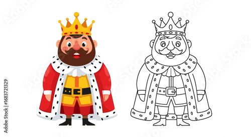 Cartoon king with crown and robe next to line art version of the same character figure image